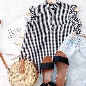 Zara Black & White Gingham Ruffle Cap Sleeve Blouse